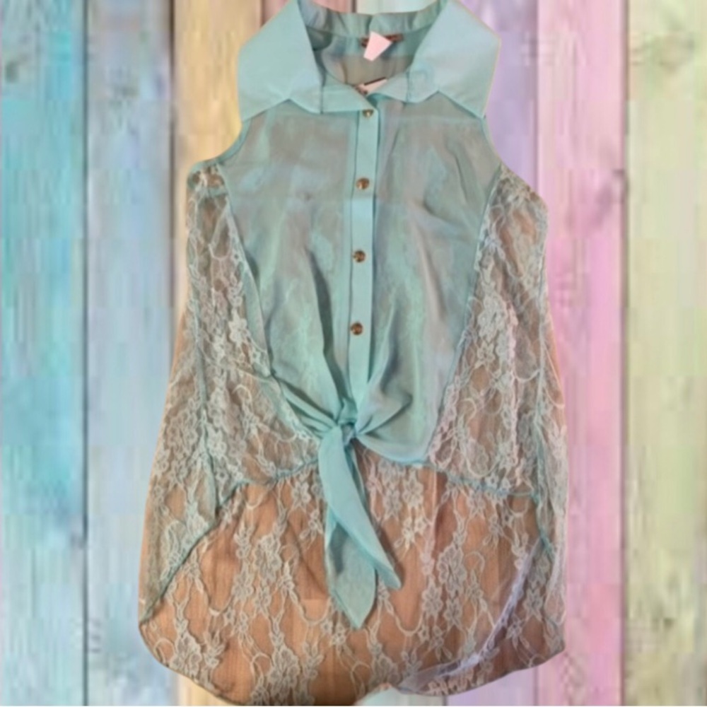 Body Central Mint Green Sheer Back Lace Button Up Tie Top NWT